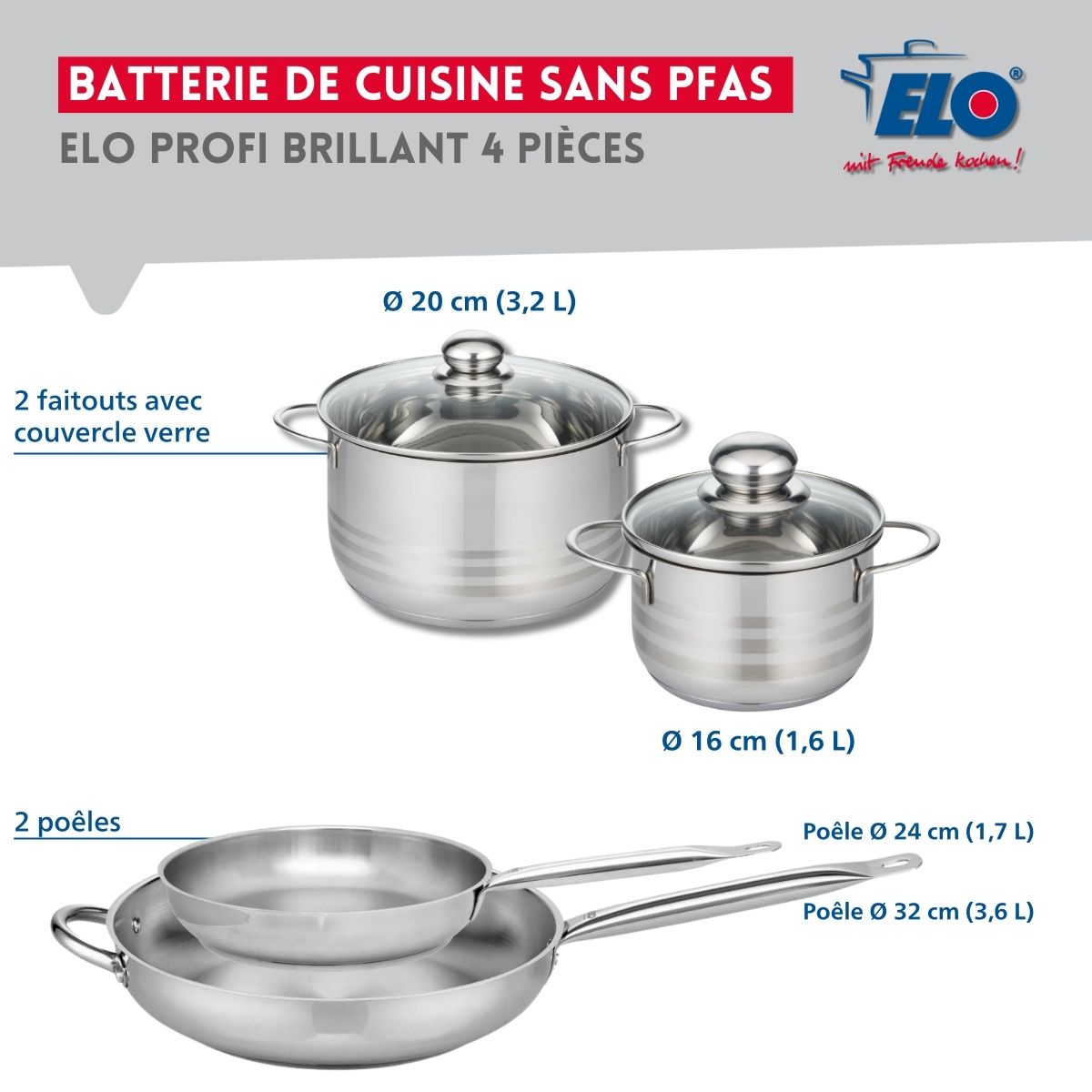 Ensemble de 2 Poêles de cuisson 24 et 32 cm et 2 faitouts 16 et 20 cm  Profi Brillant Elo - Mathon - 2