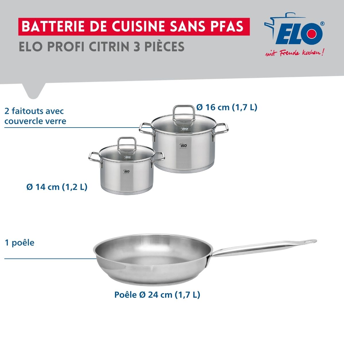 Ensemble de 1 Poêle de cuisson 24 cm et 2 faitouts 14 et 16 cm  Profi Citrin Elo - Mathon - 2