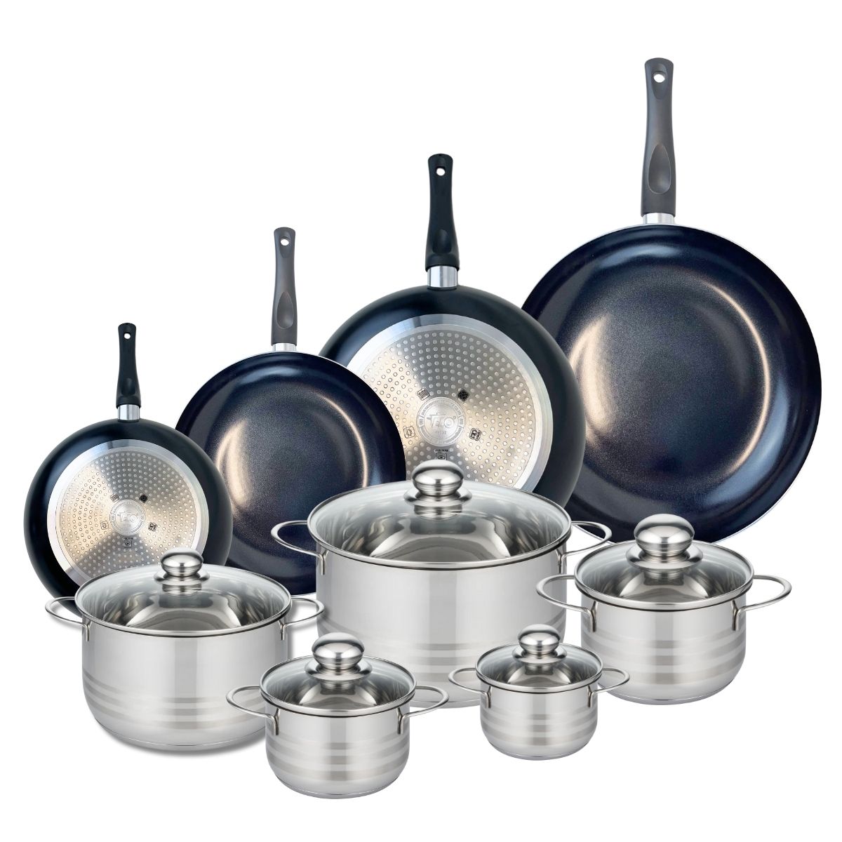 Ensemble de 4 Poêles de cuisson 20, 24, 28 et 32 cm et 5 faitouts 12, 14, 16, 20 et 24 cm  Prima Brillant Elo - Mathon - 1