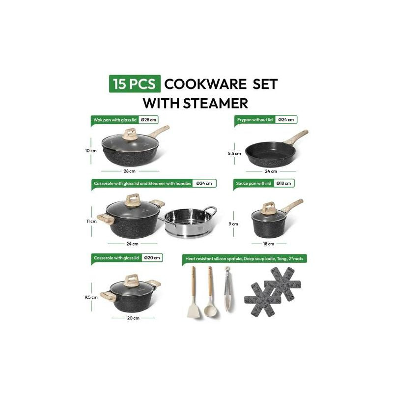 Batterie de cuisine 15 pièces avec cuiseur à vapeur Antiadhésif en Granit noir - Tous feux dont induction Just perfecto JL-780 Just Perfecto - Mathon - 4