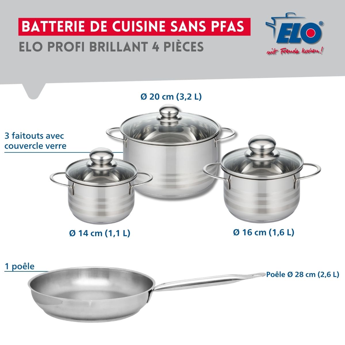 Ensemble de 1 Poêle de cuisson 28 cm et 3 faitouts 14, 16 et 20 cm  Profi Brillant Elo - Mathon - 2