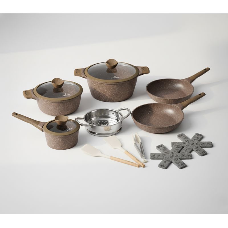 Batterie de cuisine 14 pièces avec cuiseur à vapeur Antiadhésif en Granit marron Just perfecto JL-26 Just Perfecto - Mathon - 2