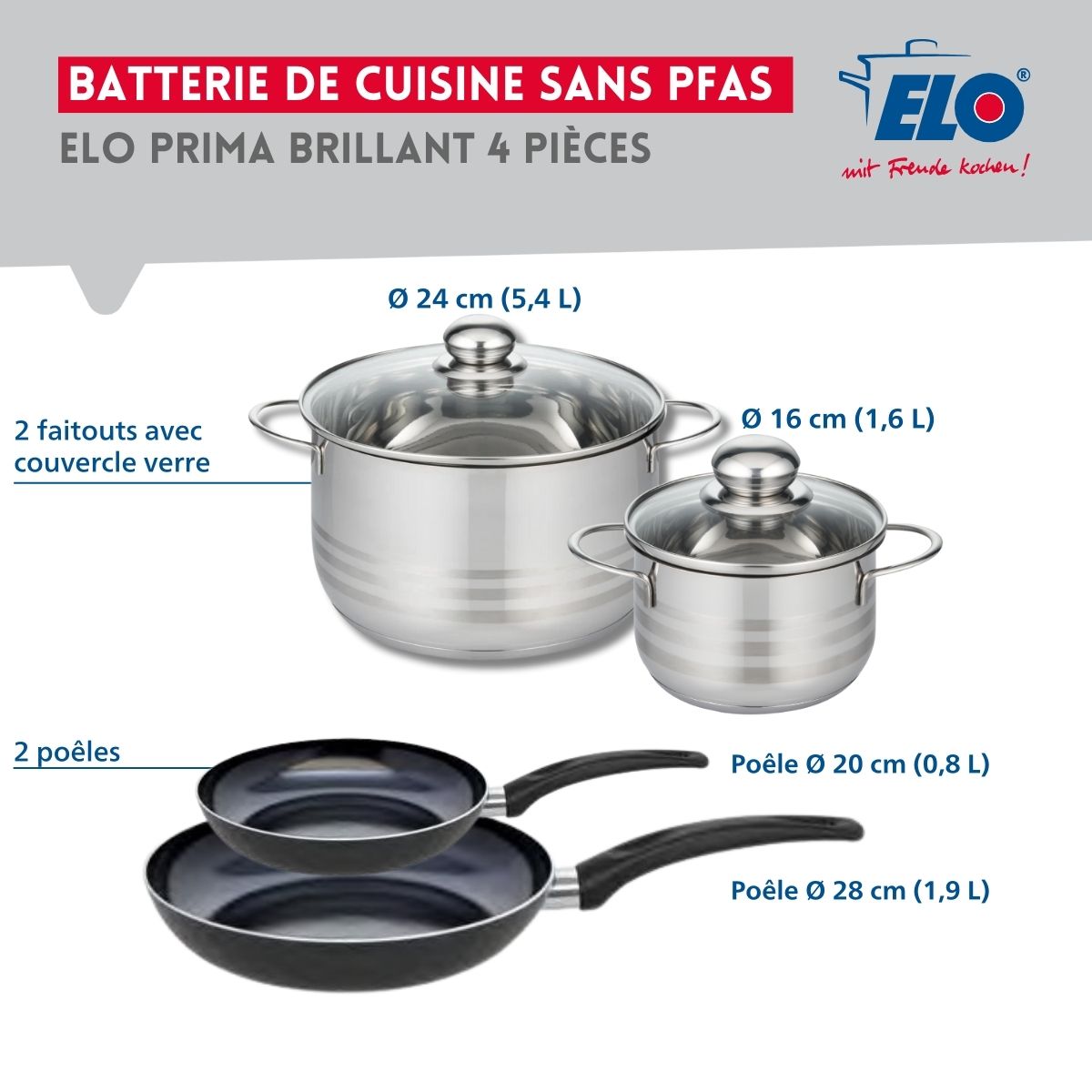 Ensemble de 2 Poêles de cuisson 20 et 28 cm et 2 faitouts 16 et 24 cm  Prima Brillant Elo - Mathon - 2