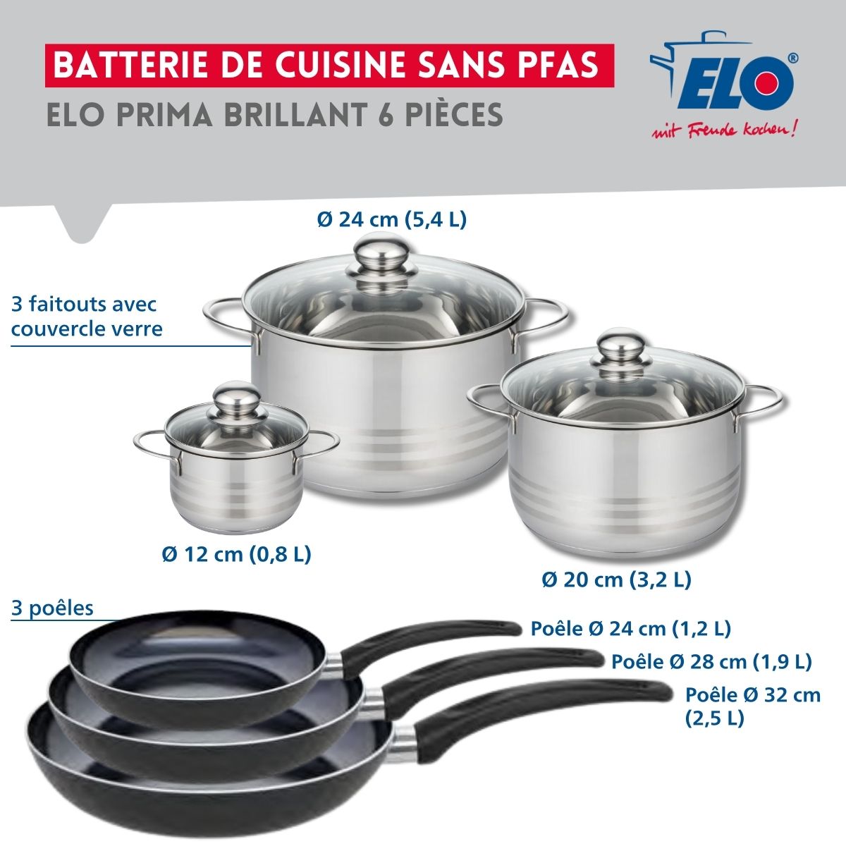 Ensemble de 3 Poêles de cuisson 24, 28 et 32 cm et 3 faitouts 12, 20 et 24 cm  Prima Brillant Elo - Mathon - 2
