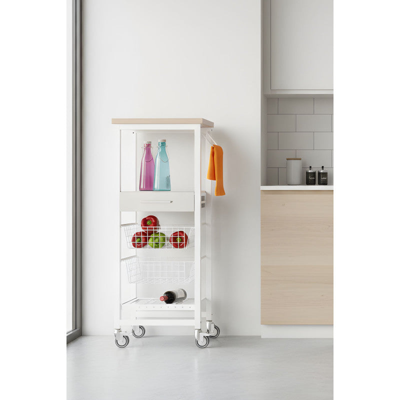 Desserte de cuisine haute, Série ONDA, couleurs: Blanc -Inox - Bois d