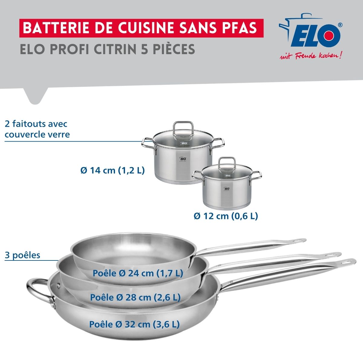 Ensemble de 3 Poêles de cuisson 24, 28 et 32 cm et 2 faitouts 12 et 14 cm  Profi Citrin Elo - Mathon - 2