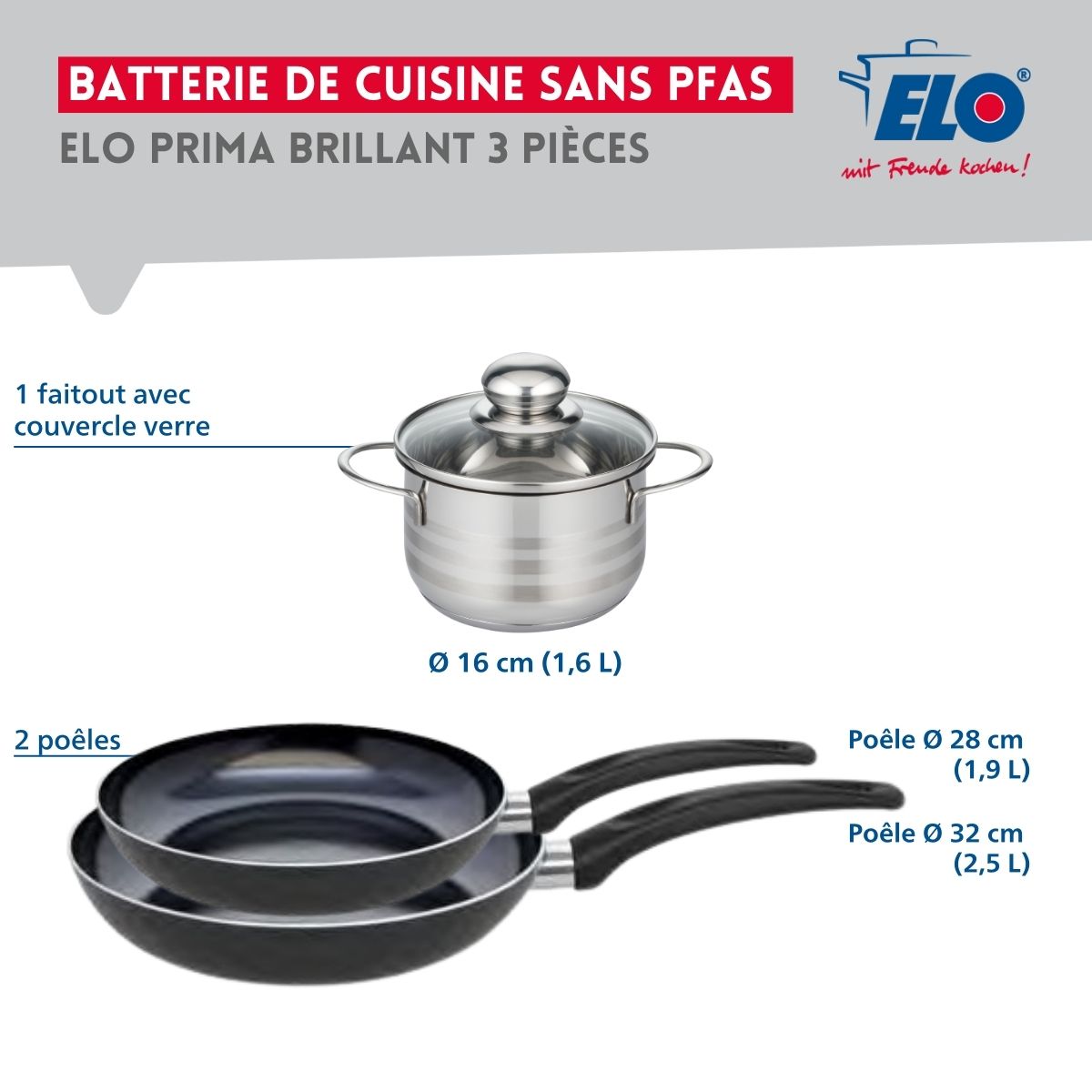 Ensemble de 2 Poêles de cuisson 28 et 32 cm et 1 faitout 16 cm  Prima Brillant Elo - Mathon - 2