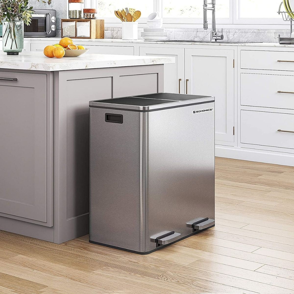 Poubelle de tri 2 bacs de 30L à pédale gris argenté Calicosy - Mathon - 3