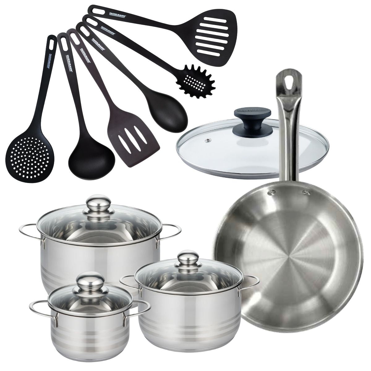 Set 1 poêle 28 cm en inox et 1 couvercle verre, 3 faitouts inox 16, 20 et 24 cm et 6 ustensiles RPET  Eterna Fackelmann - Mathon - 1