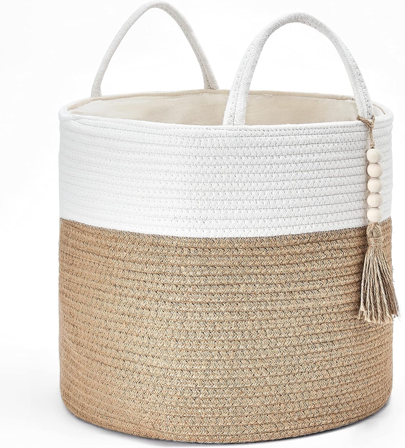 Panier déco macramé jute coton jaune et blanc Vendos85 - Mathon