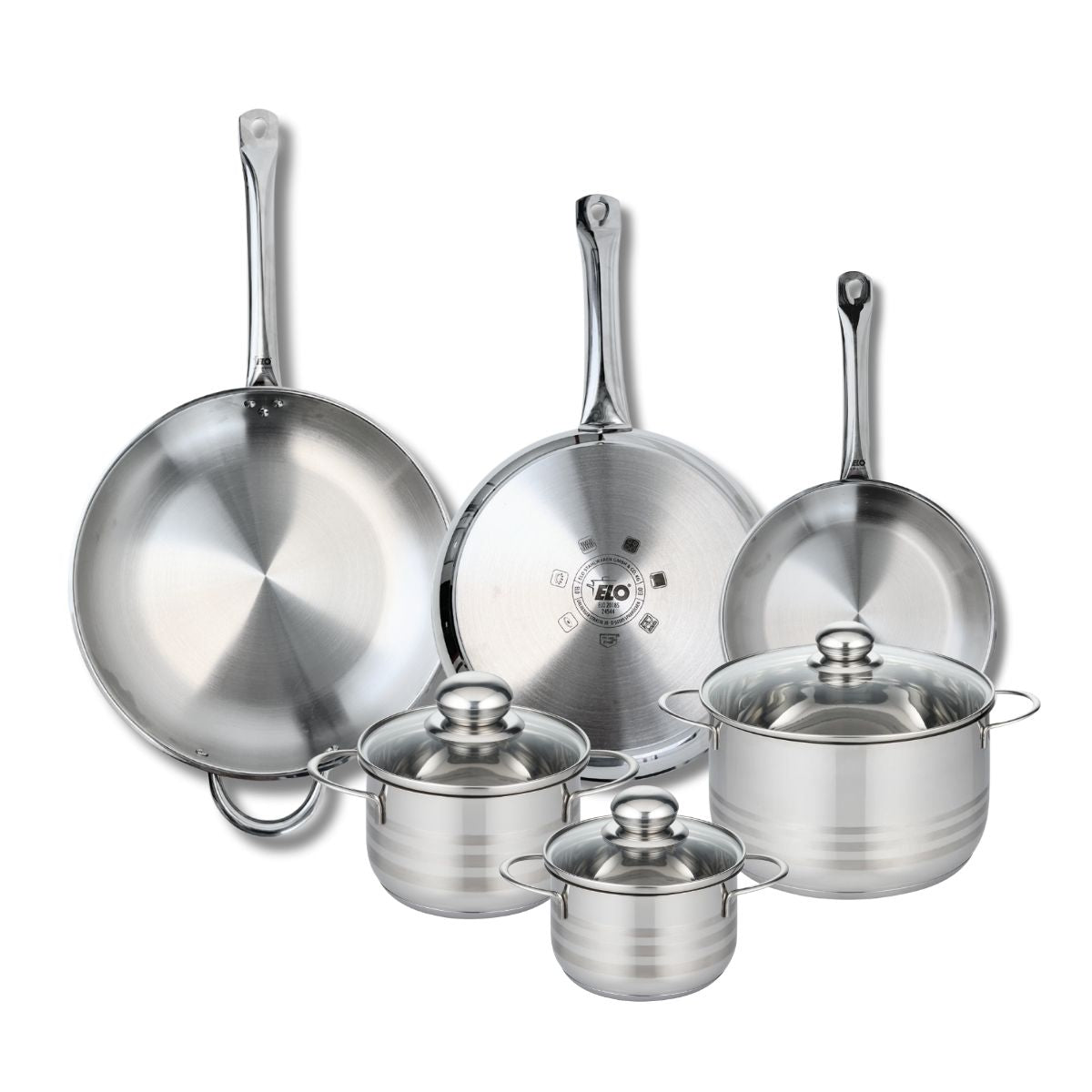 Ensemble de 3 Poêles de cuisson 24, 28 et 32 cm et 3 faitouts 14, 16 et 20 cm  Profi Brillant Elo - Mathon - 1