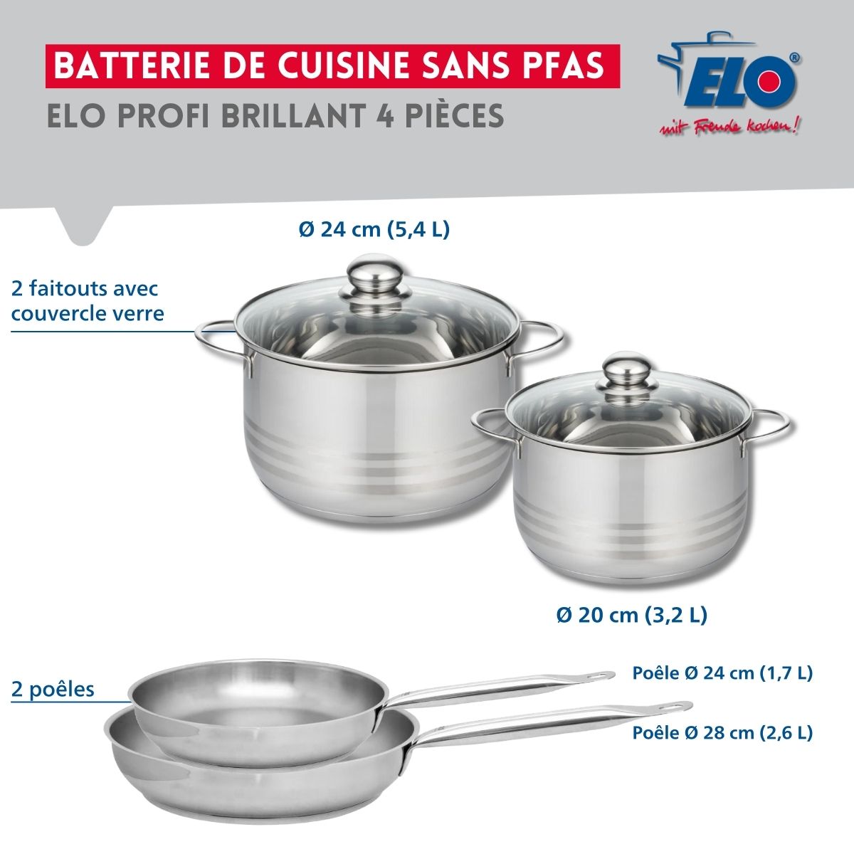 Ensemble de 2 Poêles de cuisson 24 et 28 cm et 2 faitouts 20 et 24 cm  Profi Brillant Elo - Mathon - 2