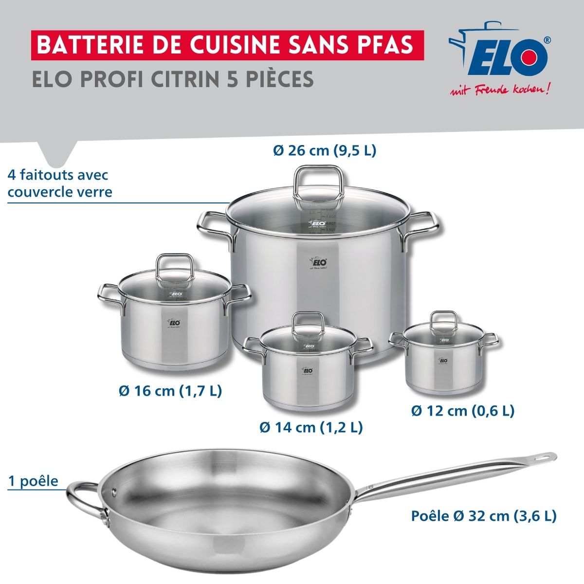 Set de 1 Poêle de cuisson 32 cm et 4 faitouts 12, 14, 16 et 26 cm  Profi Citrin Elo - Mathon - 2