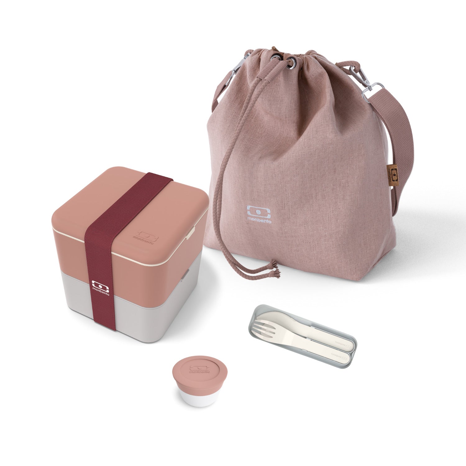 Set repas complet lunch box 2 étages 1,7L rose/gris + accessoires Monbento - Mathon - 1