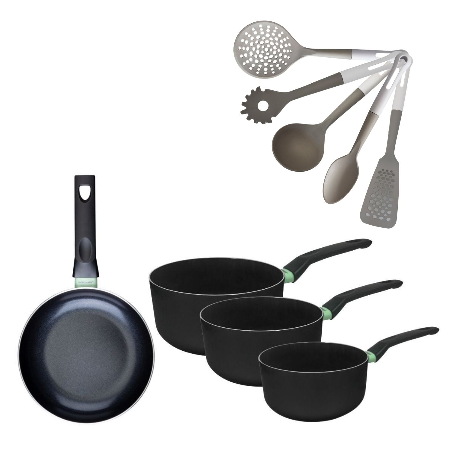 Lot Poêle 20cm & 3 Casseroles 16/18/20cm sans PFAS  Brandao avec 5 ustensiles Fackelmann - Mathon - 1