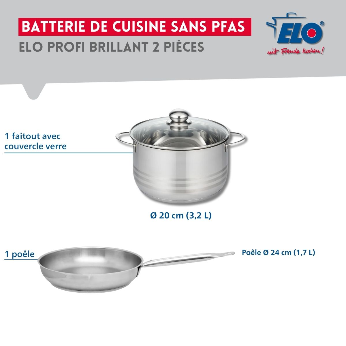 Ensemble de 1 Poêle de cuisson 24 cm et 1 faitout 20 cm  Profi Brillant Elo - Mathon - 2