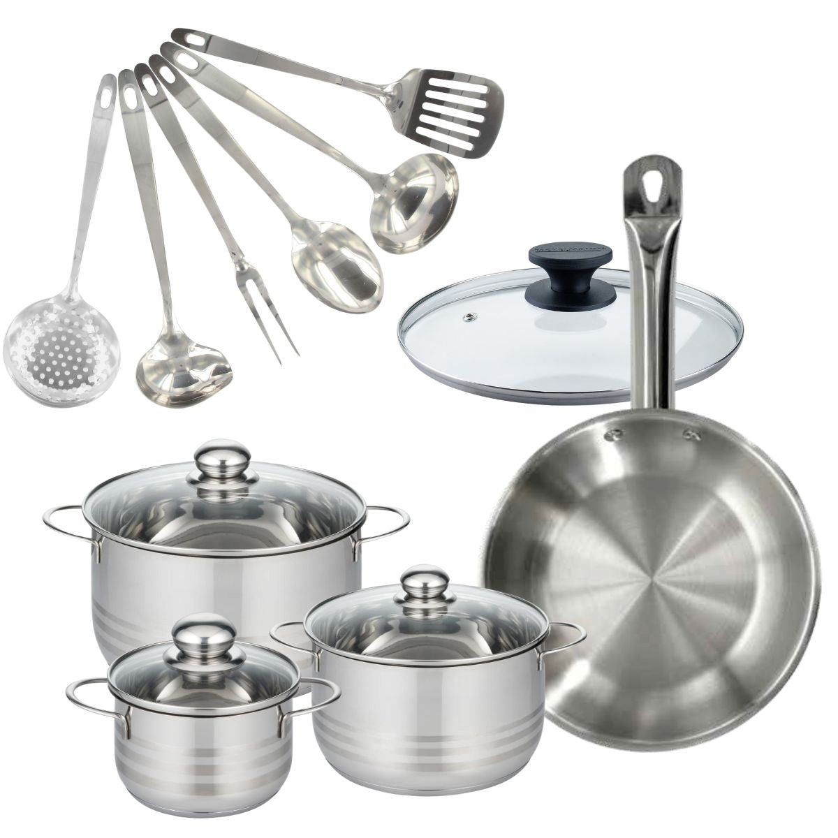 Set 1 poêle 28 cm en inox et couvercle, 3 faitouts inox 16, 20 et 24 cm et 6 ustensiles inox  Eterna Fackelmann - Mathon - 1