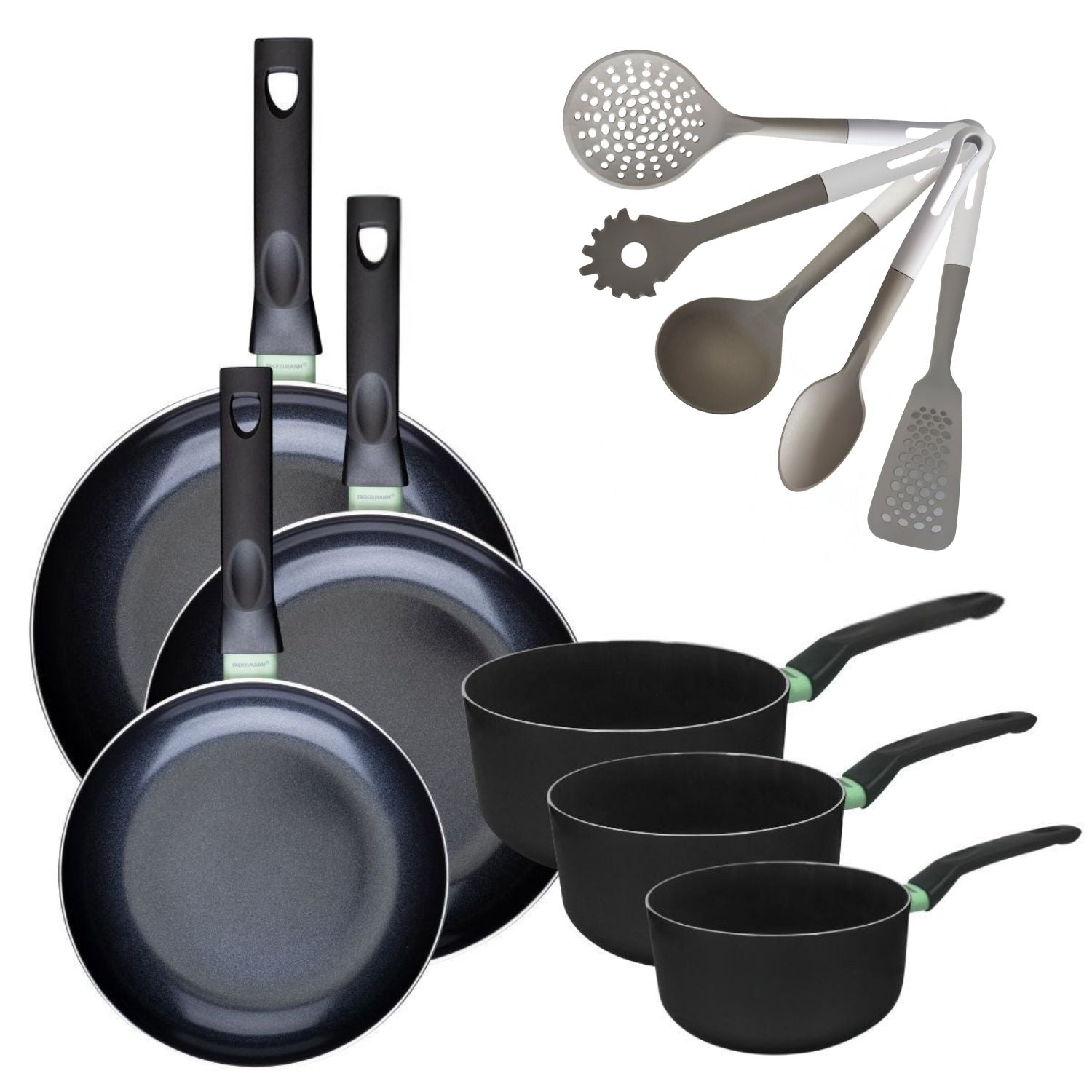 Lot de 3 Poêles 24/28/30 cm et 3 Casseroles 16/18/20 cm  Brandao avec 5 ustensiles de cuisine Fackelmann - Mathon - 1
