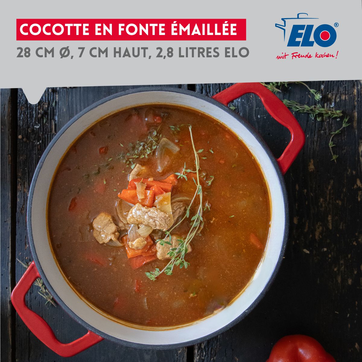 Cocotte en fonte émaillée basse 28 cm rouge cerise 3L Elo - Mathon - 2