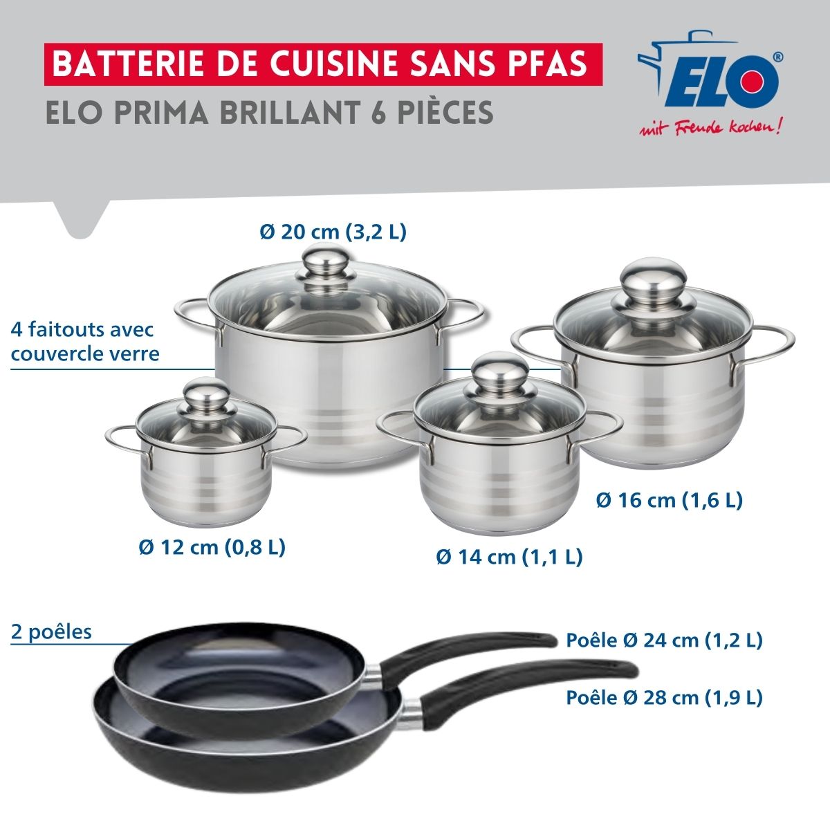 Ensemble de 2 Poêles de cuisson 24 et 28 cm et 4 faitouts 12, 14, 16 et 20 cm  Prima Brillant Elo - Mathon - 2