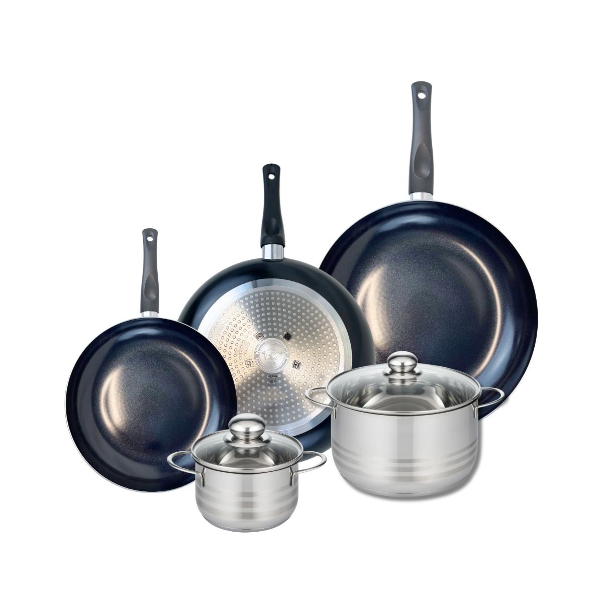 Ensemble de 3 Poêles de cuisson 24, 28 et 32 cm et 2 faitouts 14 et 20 cm  Prima Brillant Elo - Mathon - 1