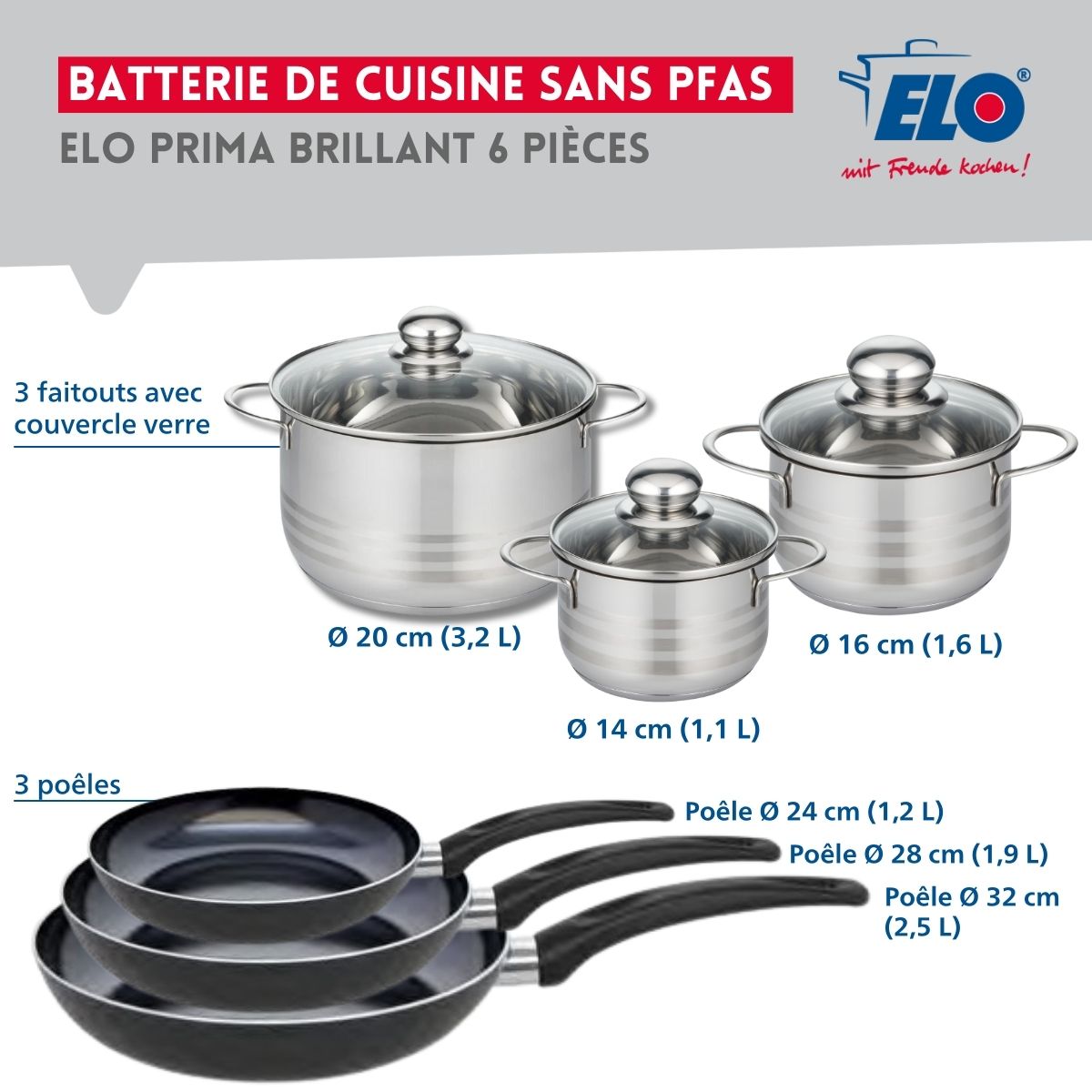 Ensemble de 3 Poêles de cuisson 24, 28 et 32 cm et 3 faitouts 14, 16 et 20 cm  Prima Brillant Elo - Mathon - 2