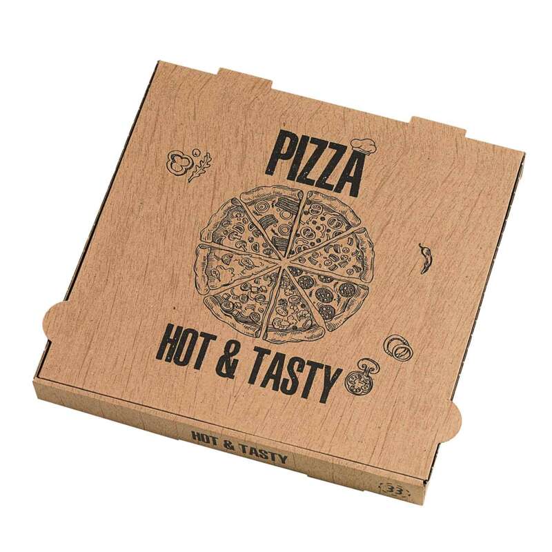 100Pcs - Boite à pizza carton brun 350 gsm décor "Hot and Tasty"  330x330x40mm FirstPack - Mathon