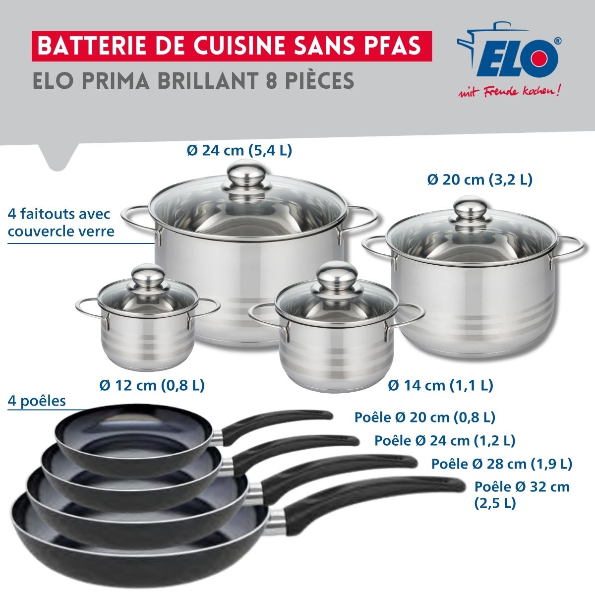 Ensemble de 4 Poêles de cuisson 20, 24, 28 et 32 cm et 4 faitouts 12, 14, 20 et 24 cm  Prima Brillant Elo - Mathon - 2