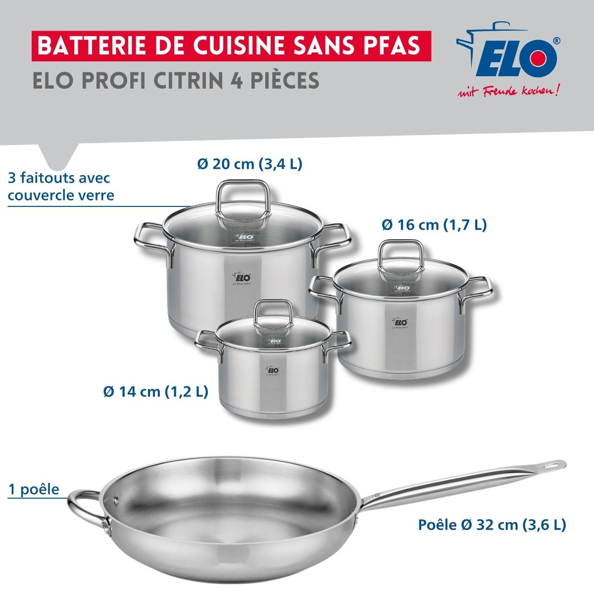 Set de 1 Poêle de cuisson 32 cm et 3 faitouts 14, 16 et 20 cm  Profi Citrin Elo - Mathon - 2
