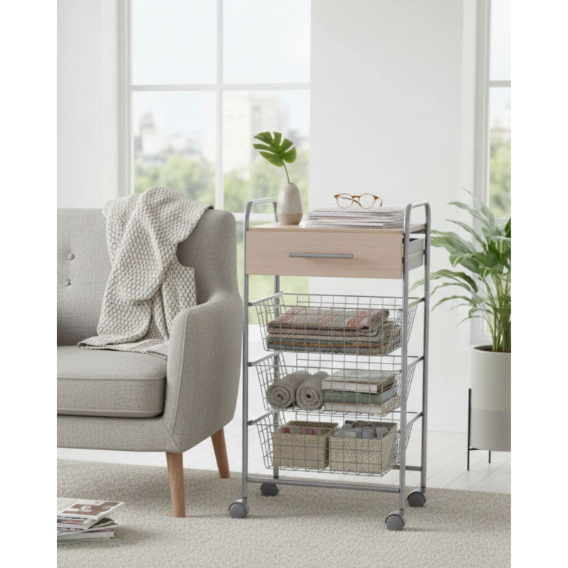 Desserte de cuisine alesia – 3 paniers, tiroir et plateau hêtre – gris aluminium Don Hierro - Mathon - 5