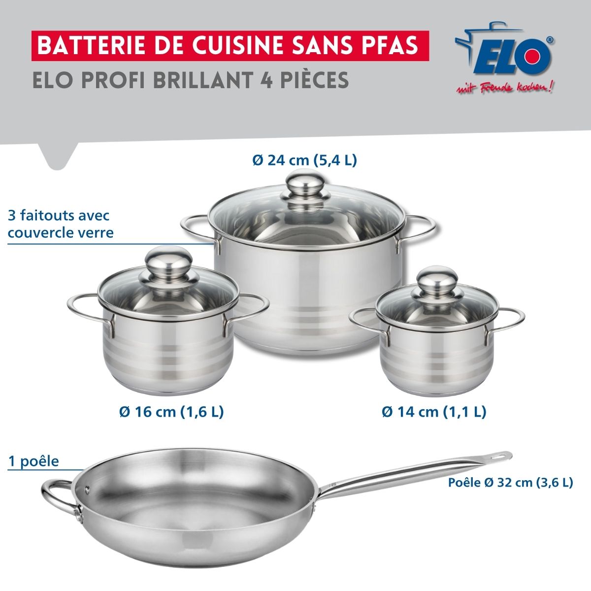 Ensemble de 1 Poêle de cuisson 32 cm et 3 faitouts 14, 16 et 24 cm  Profi Brillant Elo - Mathon - 2
