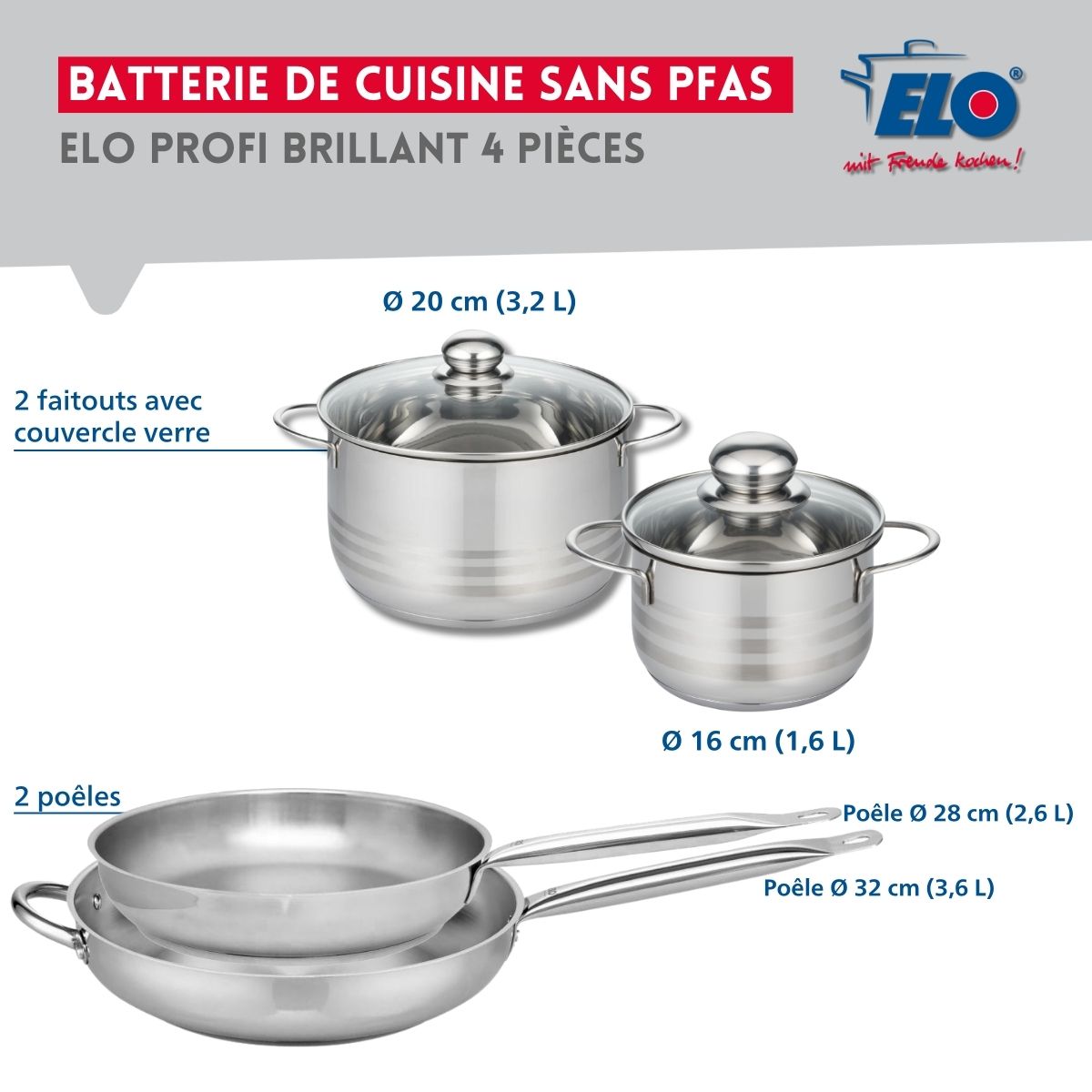 Ensemble de 2 Poêles de cuisson 28 et 32 cm et 2 faitouts 16 et 20 cm  Profi Brillant Elo - Mathon - 2