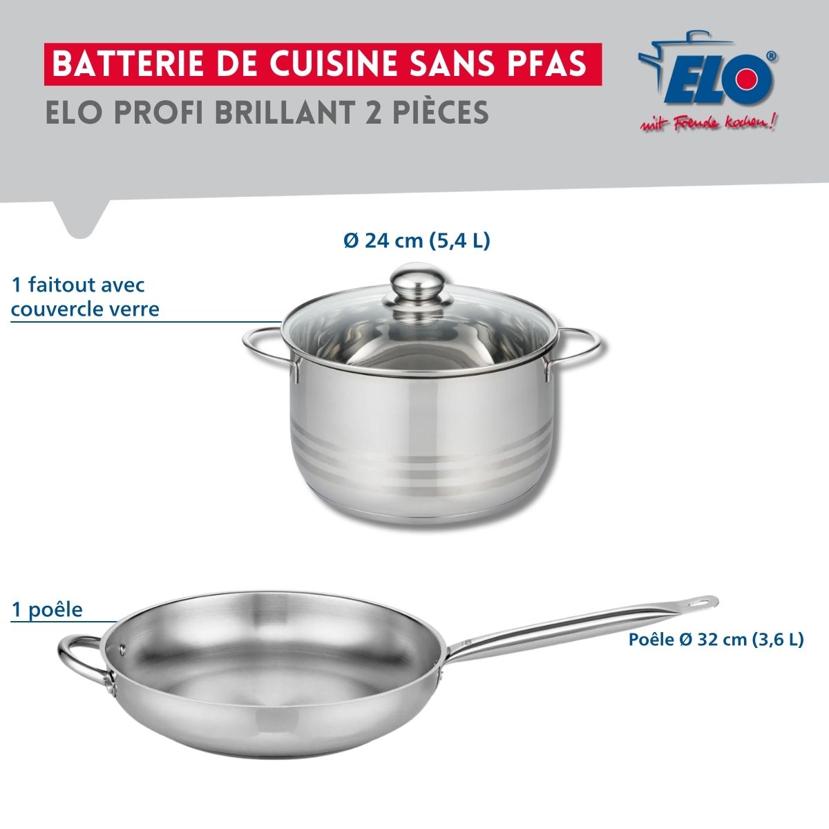 Ensemble de 1 Poêle de cuisson 32 cm et 1 faitout 24 cm  Profi Brillant Elo - Mathon - 2