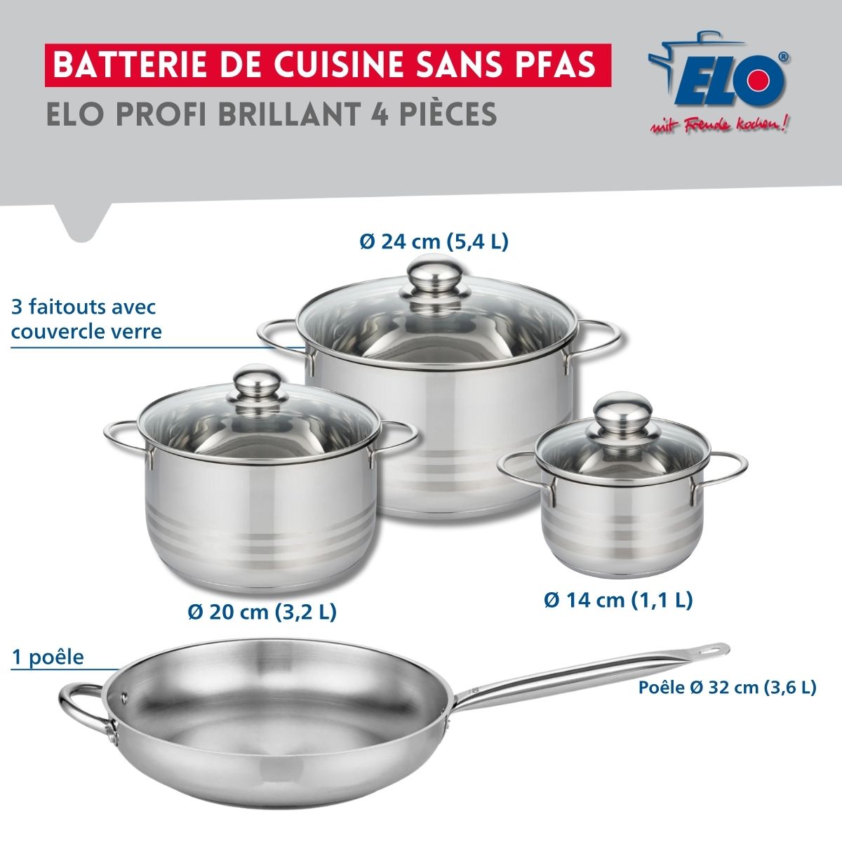 Ensemble de 1 Poêle de cuisson 32 cm et 3 faitouts 14, 20 et 24 cm  Profi Brillant Elo - Mathon - 2