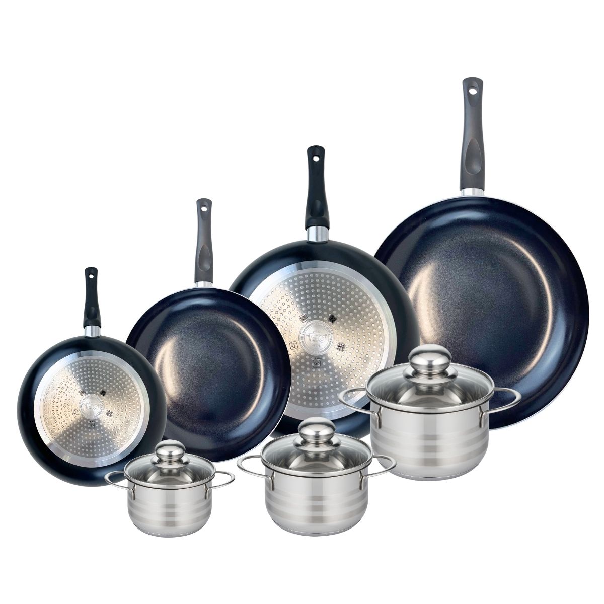 Ensemble de 4 Poêles de cuisson 20, 24, 28 et 32 cm et 3 faitouts 12, 14 et 16 cm  Prima Brillant Elo - Mathon - 1