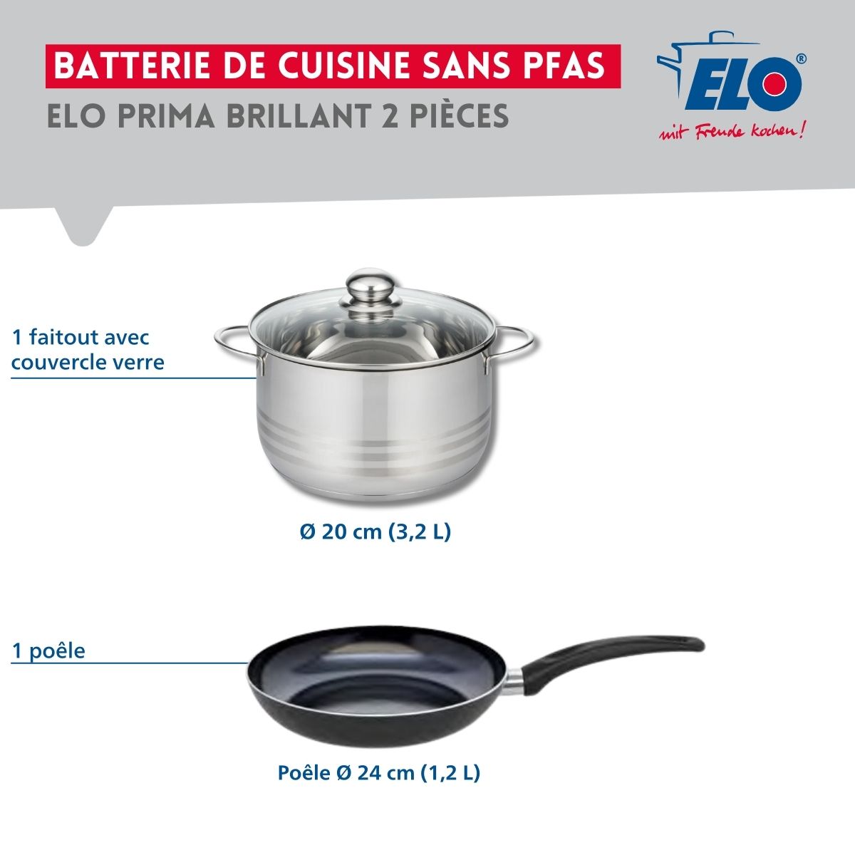 Ensemble de 1 Poêle de cuisson 24 cm et 1 faitout 20 cm  Prima Brillant Elo - Mathon - 2