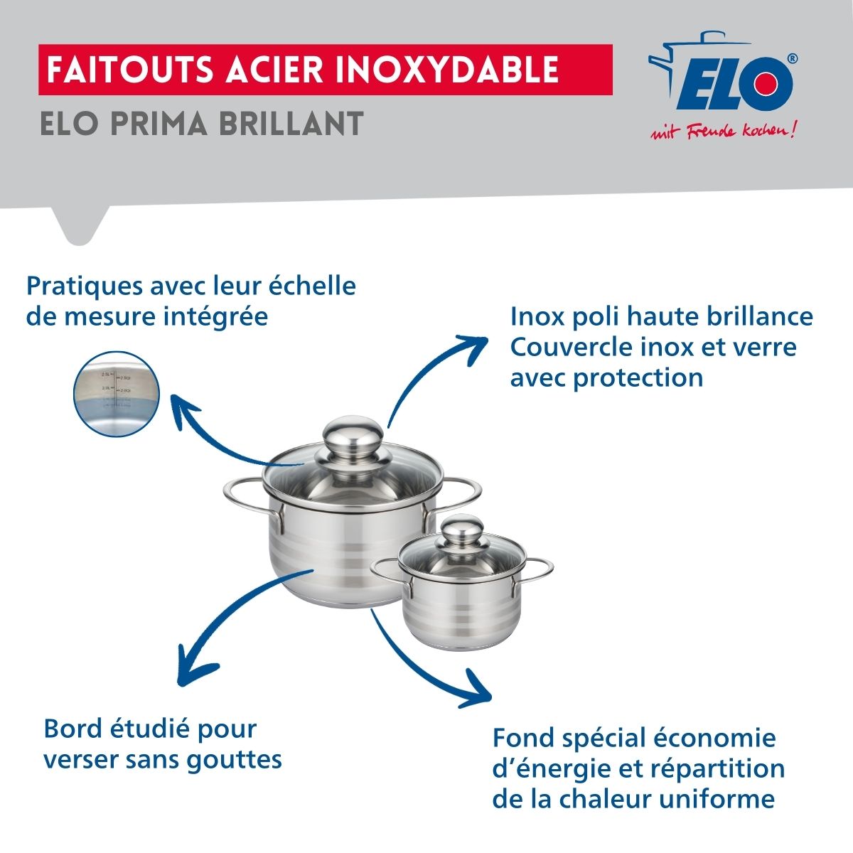 Ensemble de 3 Poêles de cuisson 20, 24 et 32 cm et 2 faitouts 12 et 16 cm  Prima Brillant Elo - Mathon - 3