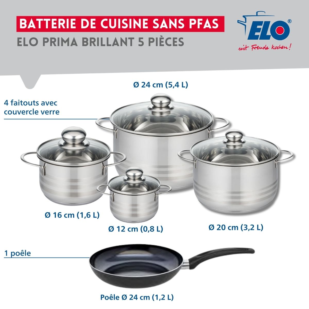 Ensemble de 1 Poêle de cuisson 24 cm et 4 faitouts 12, 16, 20 et 24 cm  Prima Brillant Elo - Mathon - 2
