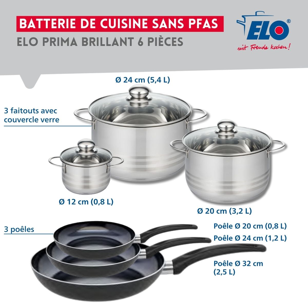 Ensemble de 3 Poêles de cuisson 20, 24 et 32 cm et 3 faitouts 12, 20 et 24 cm  Prima Brillant Elo - Mathon - 2