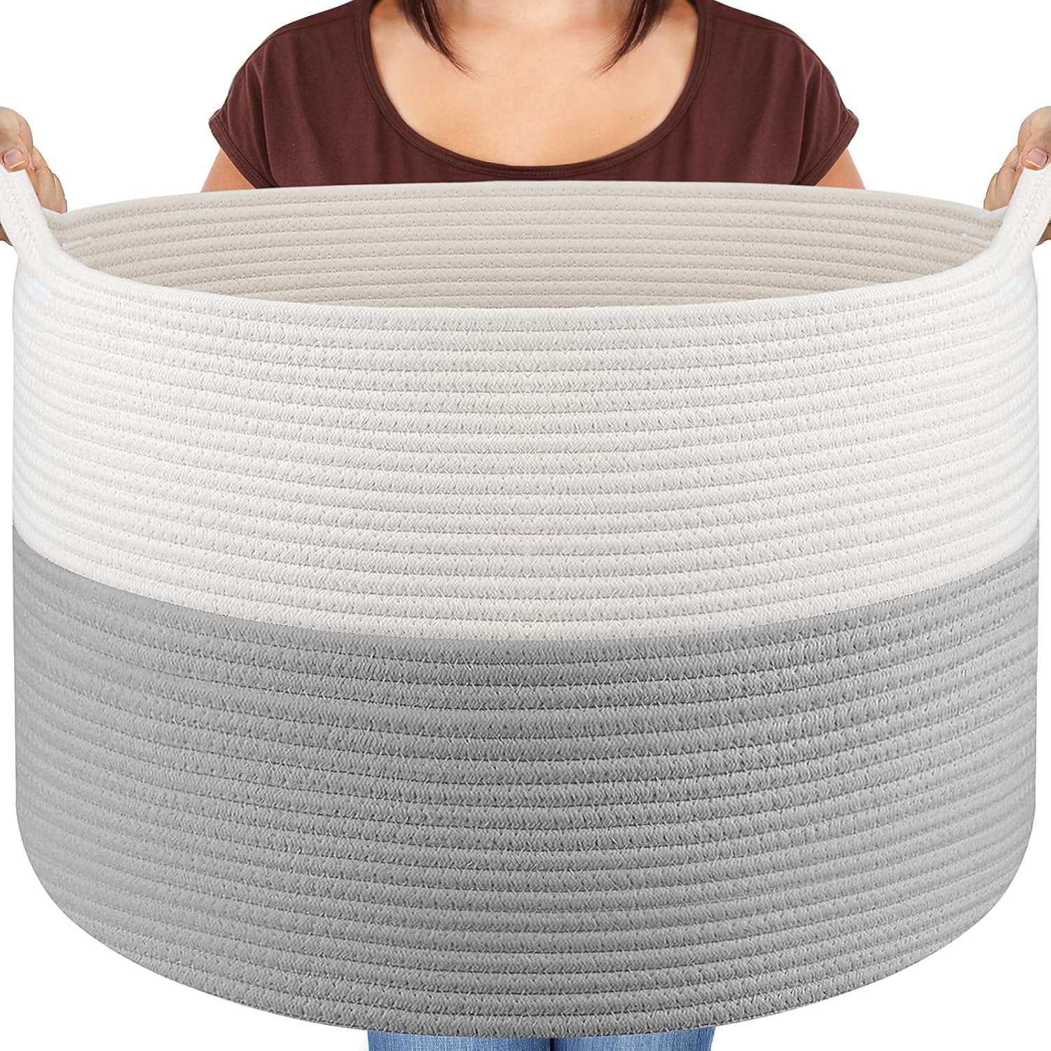 Panier à linge XXXL en coton Blanc/Gris pliable Vendos85 - Mathon