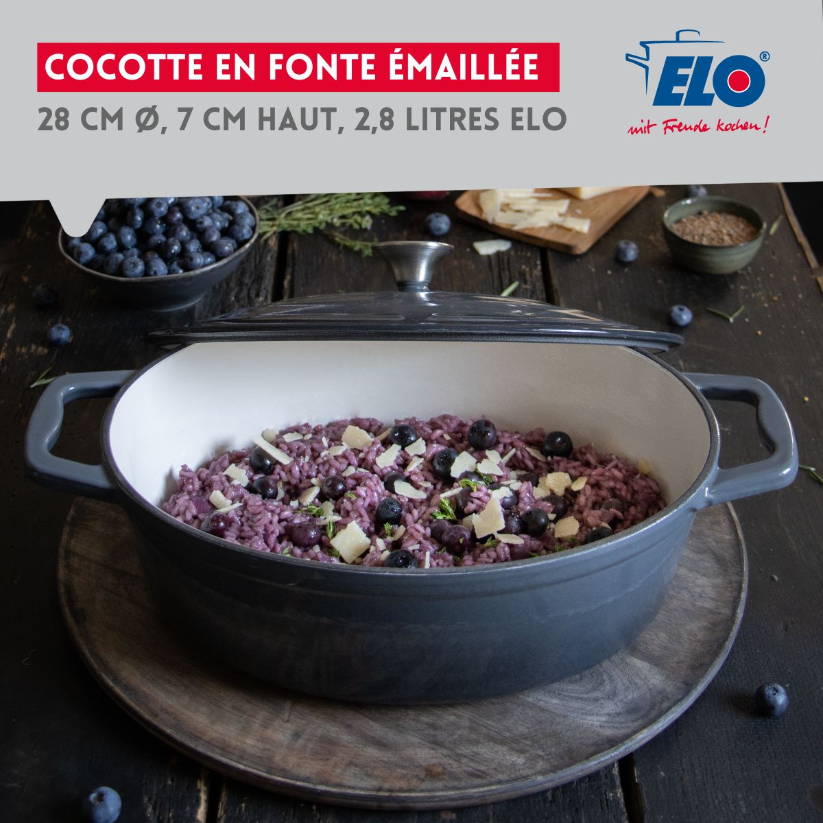 Cocotte en fonte émaillée basse gris classique 28 cm 2,8 L Elo - Mathon - 2