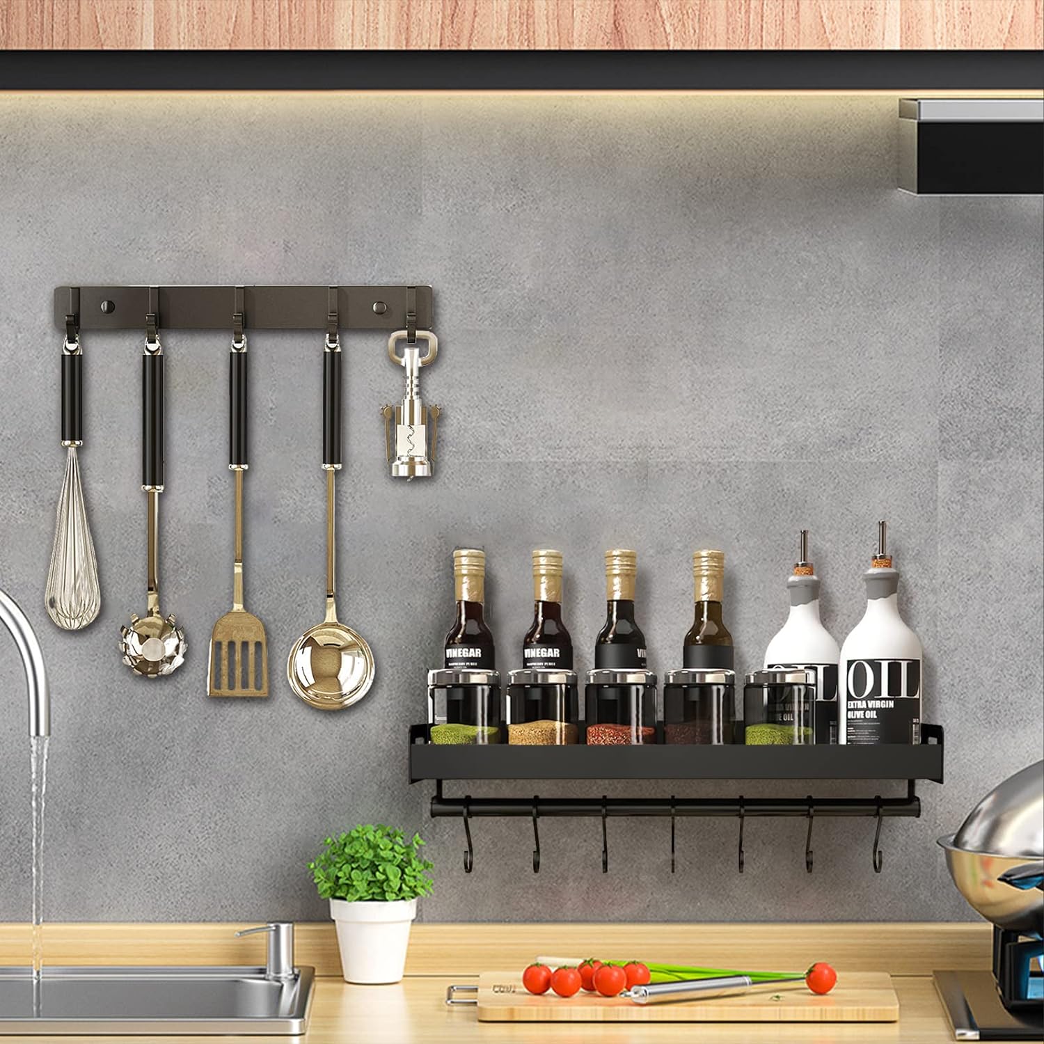 Support ustensiles cuisine de 36 cm avec 6 crochets noir Vendos85 - Mathon