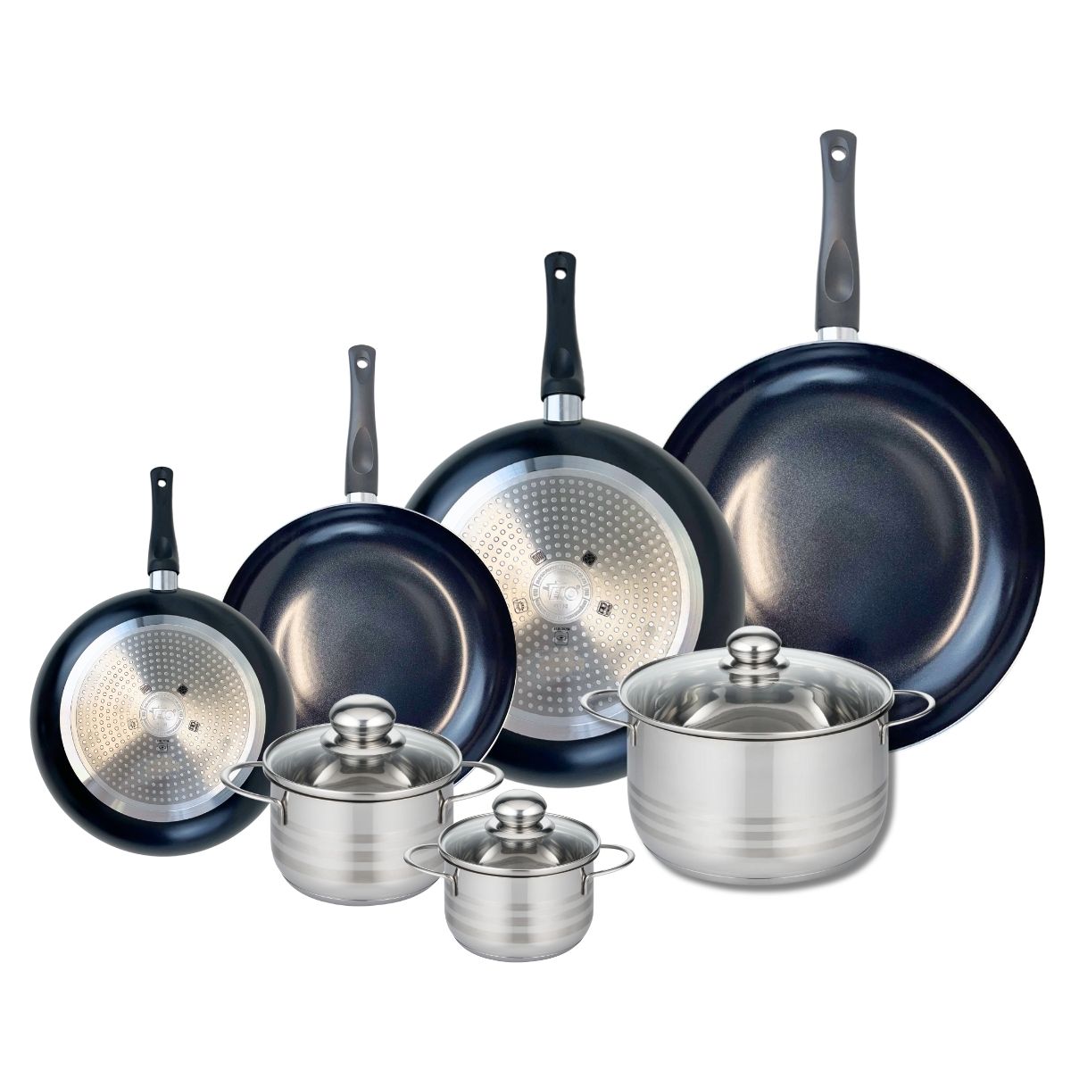 Ensemble de 4 Poêles de cuisson 20, 24, 28 et 32 cm et 3 faitouts 12, 14 et 20 cm  Prima Brillant Elo - Mathon - 1