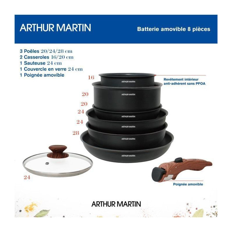 Batterie De Cuisine 8 Pieces   - Aluminium - Poignée Bois - Tous Feux Dont Induction Arthur Martin - Mathon - 2