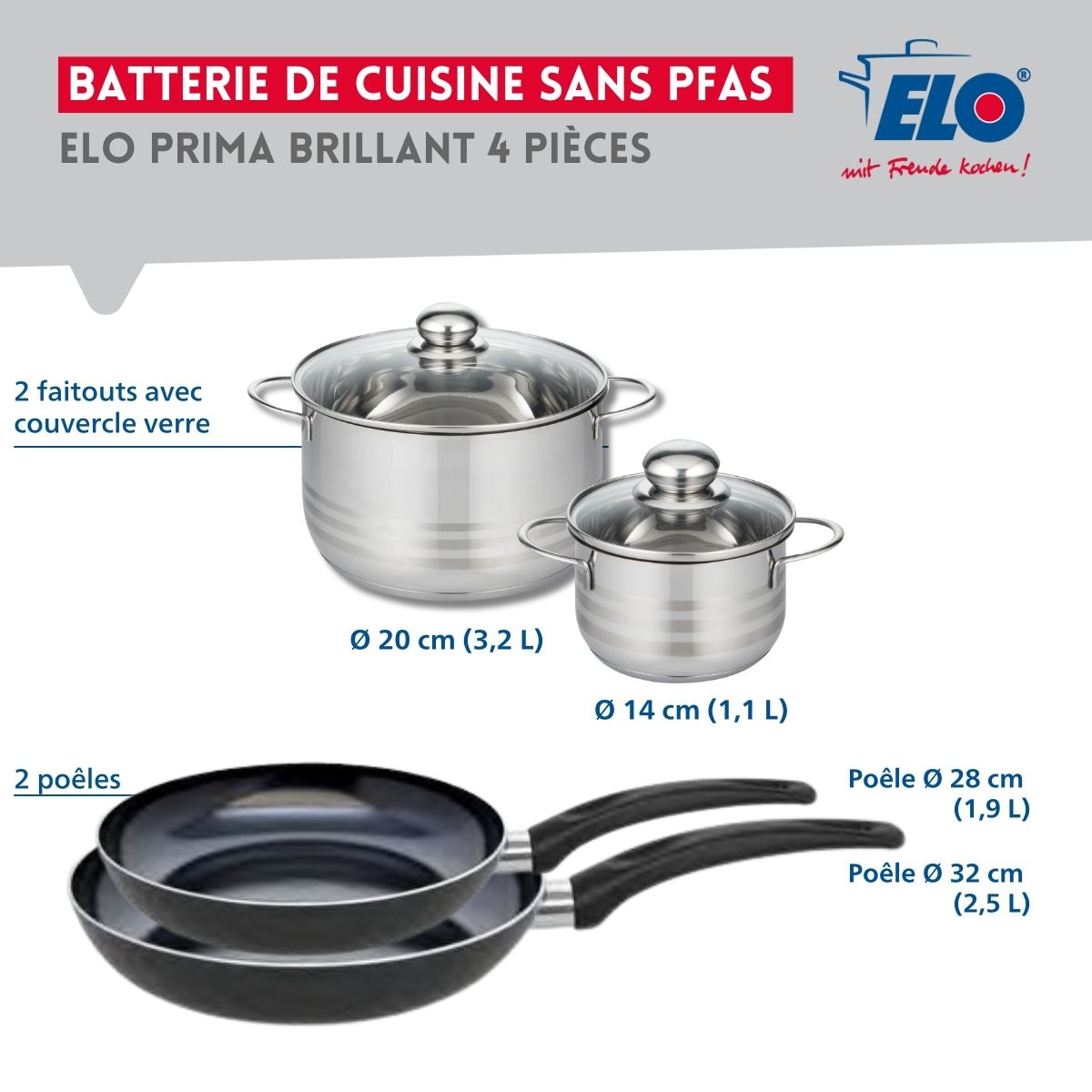 Ensemble de 2 Poêles de cuisson 28 et 32 cm et 2 faitouts 14 et 20 cm  Prima Brillant Elo - Mathon - 2