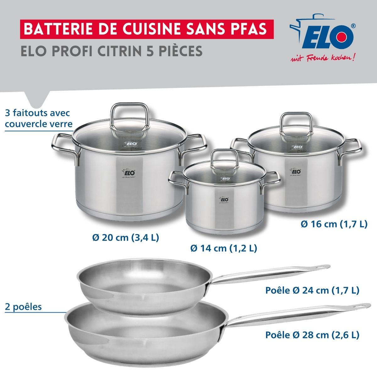 Ensemble de 2 Poêles de cuisson 24 et 28 cm et 3 faitouts 14, 16 et 20 cm  Profi Citrin Elo - Mathon - 2