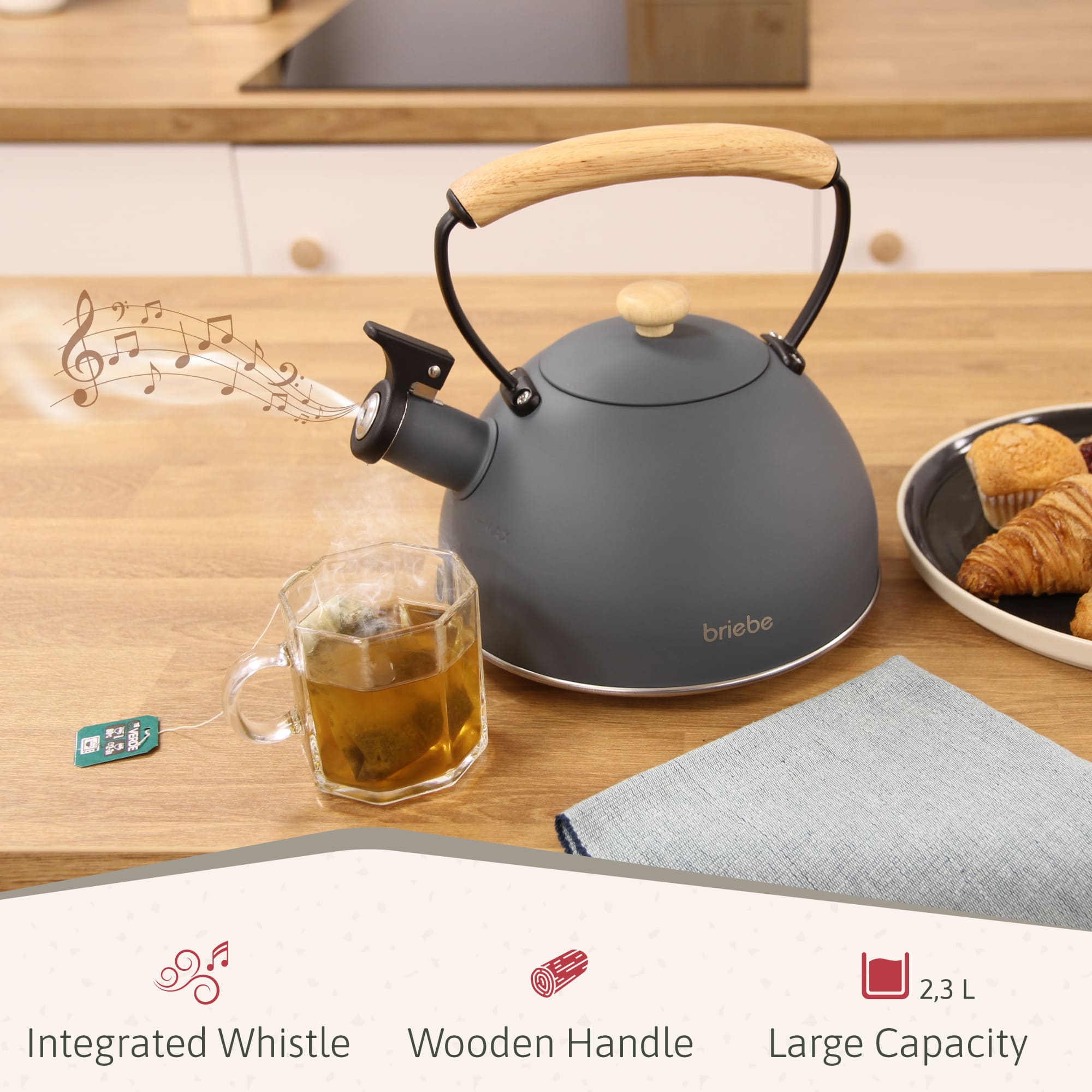 Nordic Ensemble Grille Pain 2 Fentes Larges, Bouilloire Sifflante Induction 2,3L 870 Gris SKT1177GRY - Mathon - 4