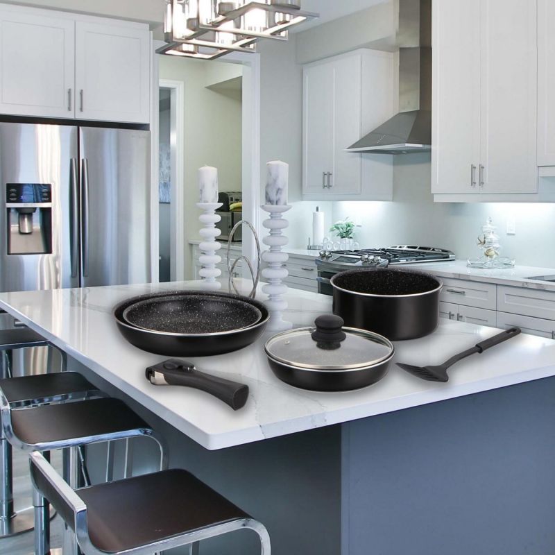 Batterie de cuisine revêtement pierre avec manche amovible 7 pièces noir Herzberg HG8090-7-BK Herzberg - Mathon - 4