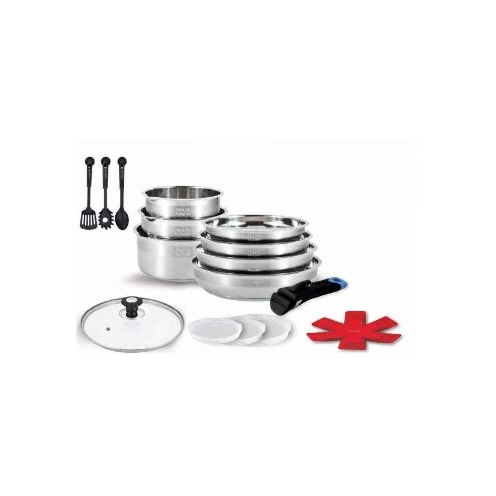 Batterie De Cuisine - Tous Feux Dont Induction -   - Am1810566 - Acier Inoxydable 18/10 - 18 Pieces - Poignée Amovi Arthur Martin - Mathon - 1