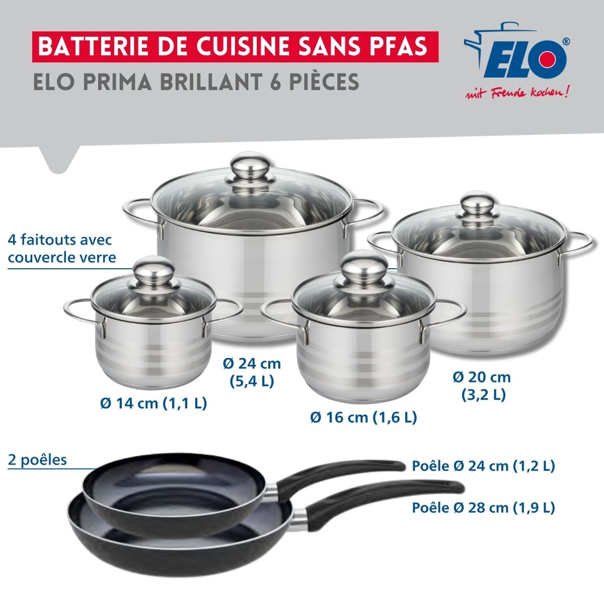 Ensemble de 2 Poêles de cuisson 24 et 28 cm et 4 faitouts 14, 16, 20 et 24 cm  Prima Brillant Elo - Mathon - 2